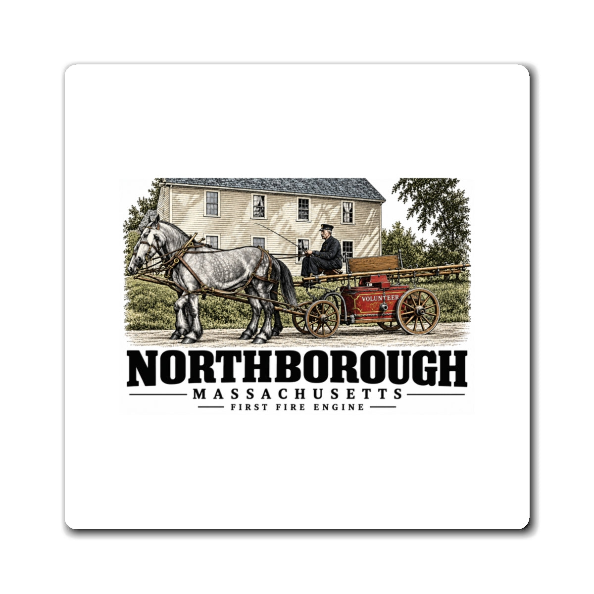 Illustrated First Fire Engine in Northborough on square magnet