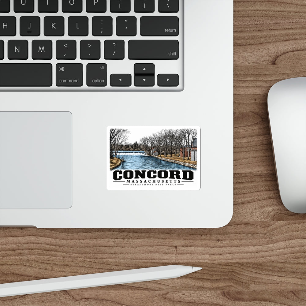 Illustrated Strathmore Mill Falls in Concord on die-cut sticker