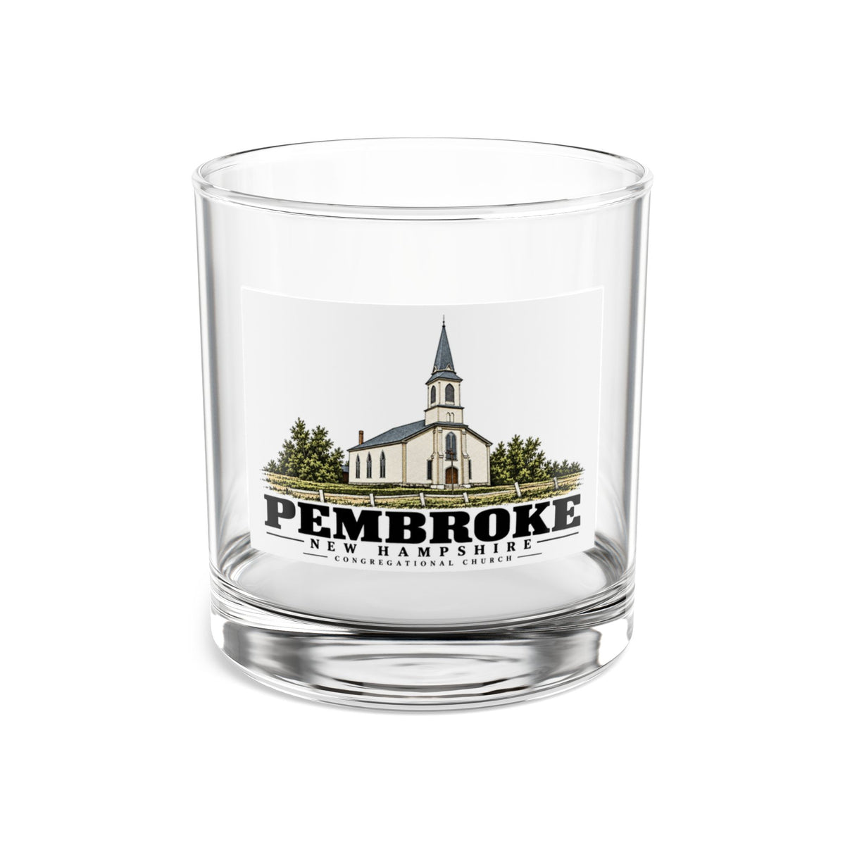 Front of Congregational Church rocks glass, with Pembroke, New Hampshire artwork and lettering.