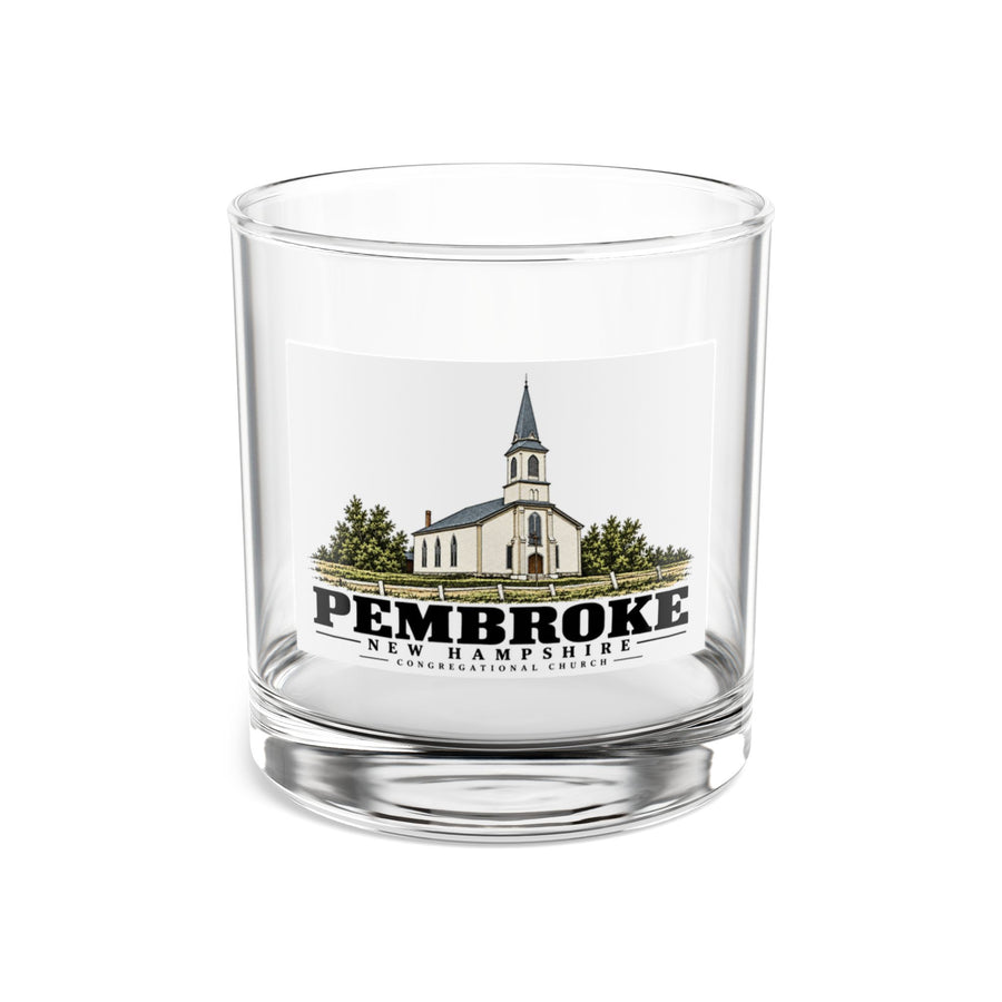 Front of Congregational Church rocks glass, with Pembroke, New Hampshire artwork and lettering.