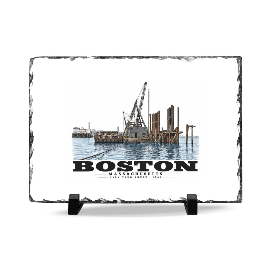 View from water of Navy Yard Annex/Dry Dock 7 × 11 in Slate Desk Plaque - Boston Harbor