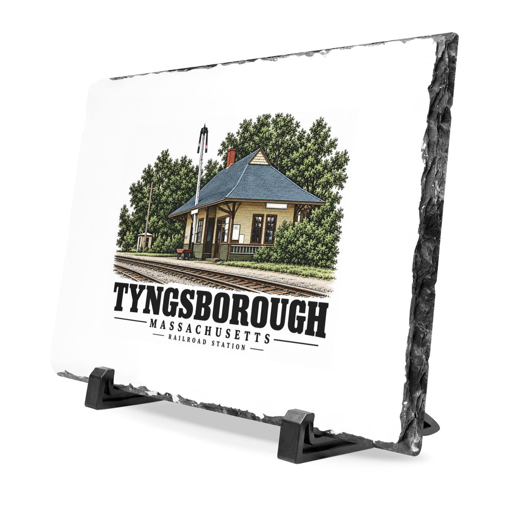 Illustrated Tyngsboro railroad station in Tyngsborough on slate desk plaque