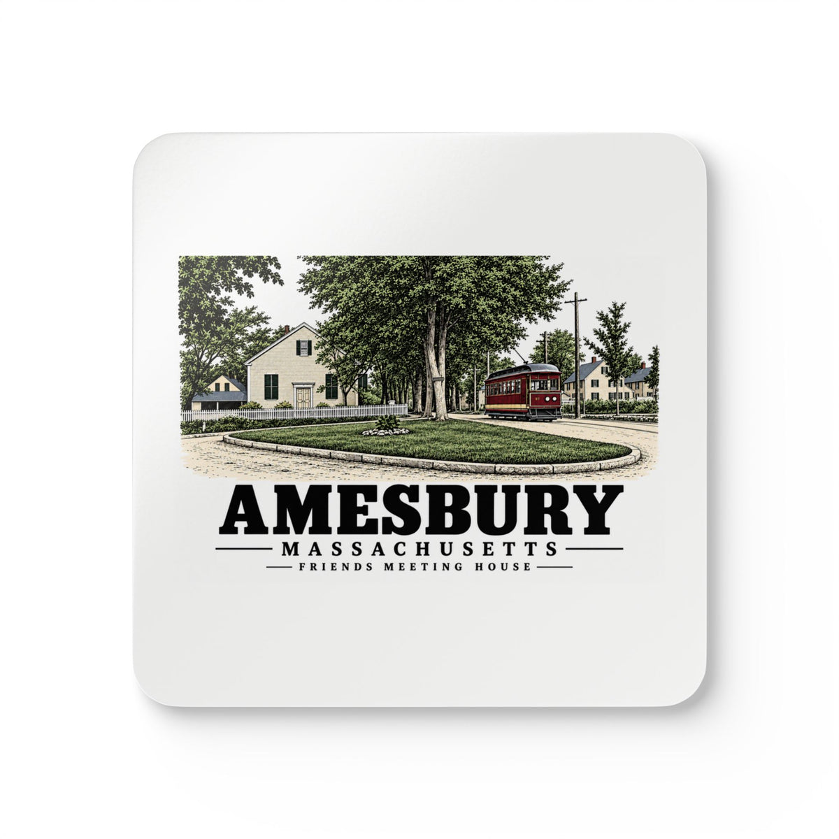Amesbury Friends Meeting House, Friend Street, with streetcar Cork Back Coaster Set - Merrimack Valley Goods