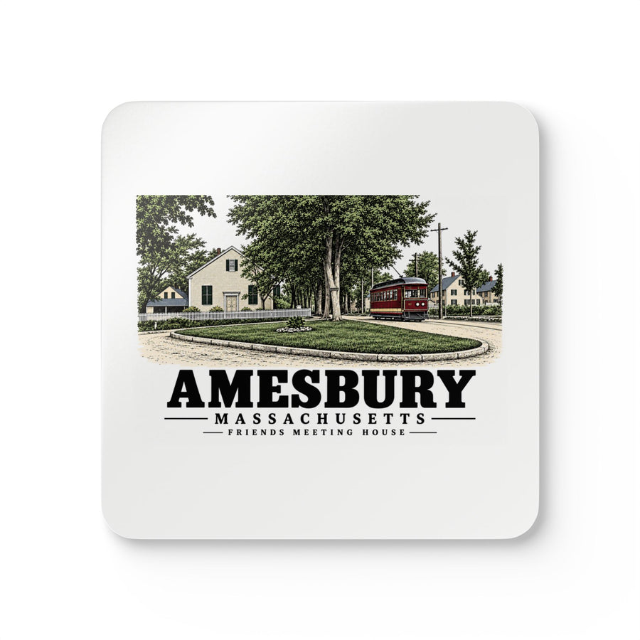 Amesbury Friends Meeting House, Friend Street, with streetcar Cork Back Coaster Set - Merrimack Valley Goods