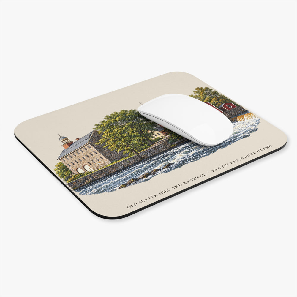 Pawtucket Old Slater Mill and Raceway mouse pad mockup showing the full illustrated print