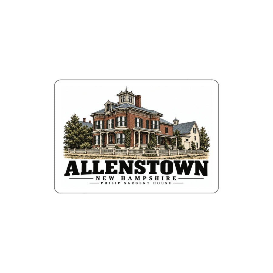 Front of Philip Sargent House white die-cut sticker, with Allenstown, New Hampshire artwork and lettering.