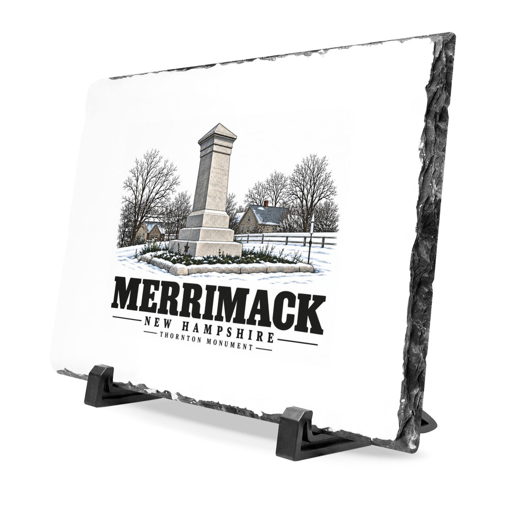 Angled front on display stands of Thornton Monument slate desk plaque, with Merrimack, New Hampshire artwork and lettering.