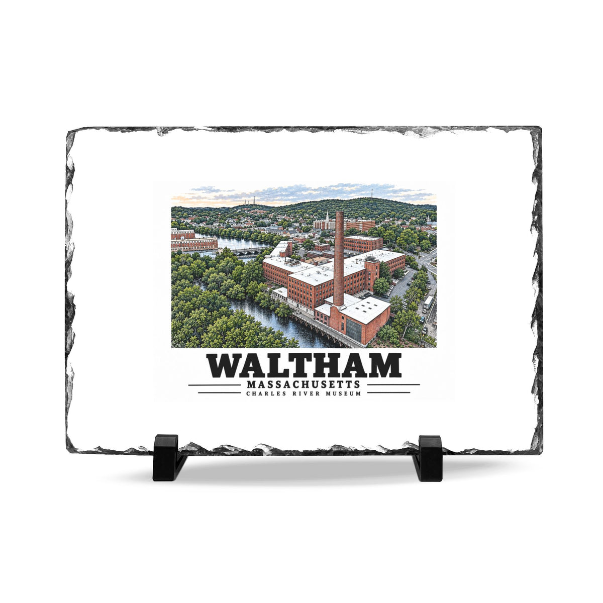 Front view of the Waltham Charles River Museum slate desk plaque on black stands.