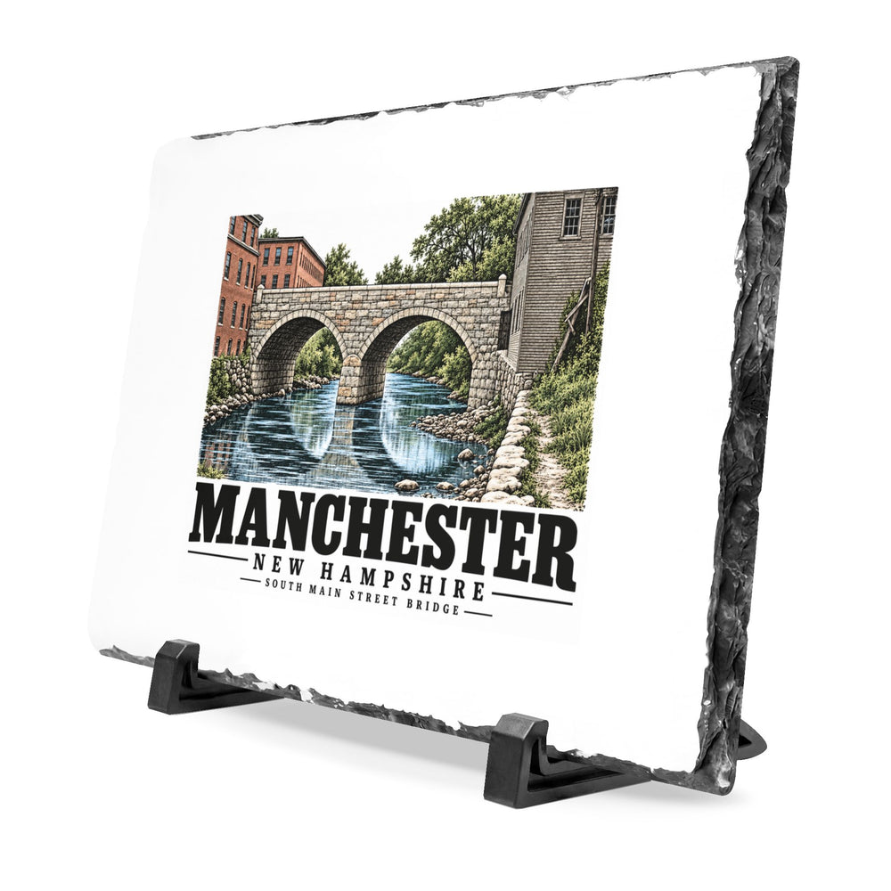 Angled front on display stands of South Main Street Bridge slate desk plaque, with Manchester, New Hampshire artwork and lettering.