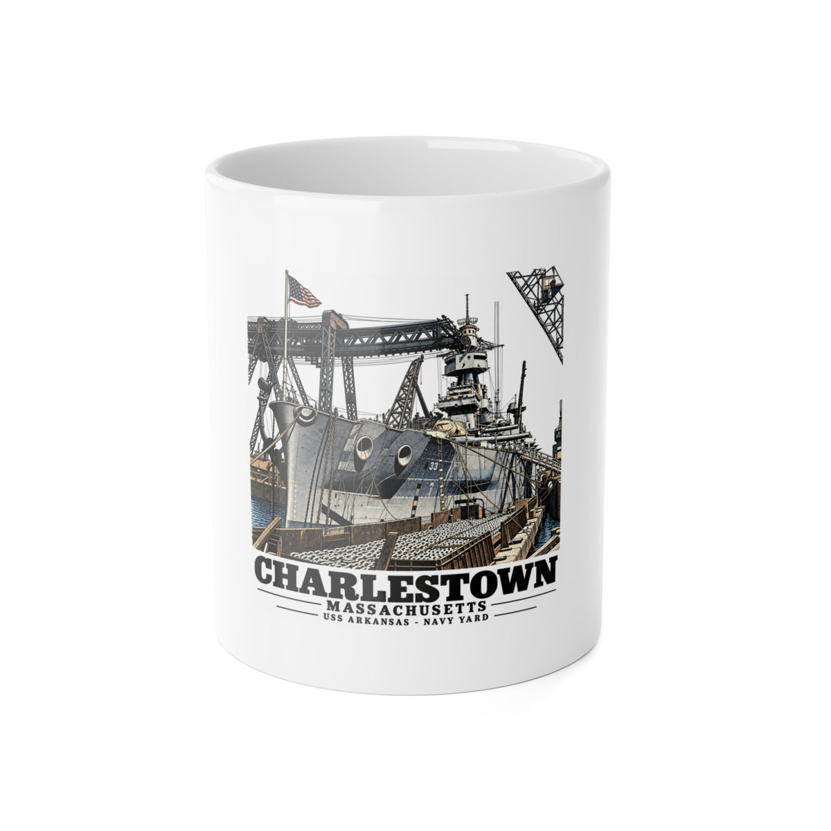 Front of white 11 oz ceramic mug with USS Arkansas bow and shipyard cranes artwork and Charlestown lettering