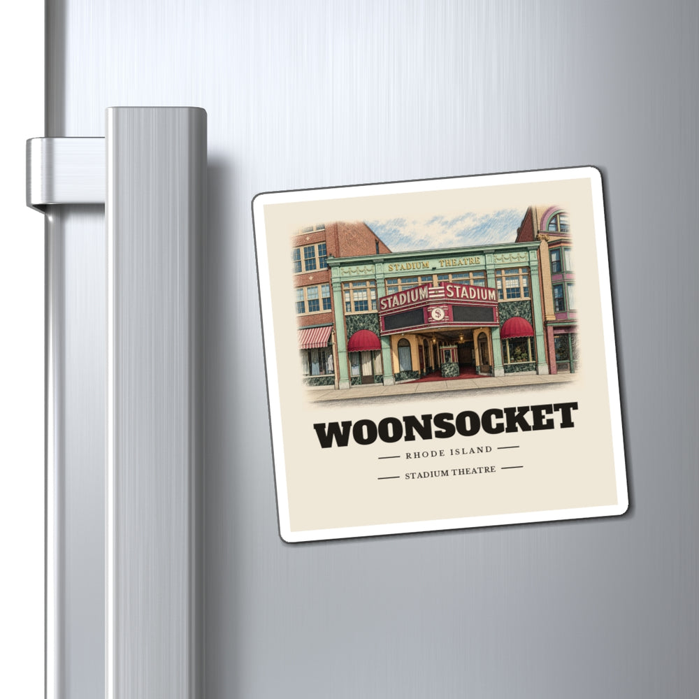 Woonsocket Stadium Theatre 4 inch magnet shown on a refrigerator