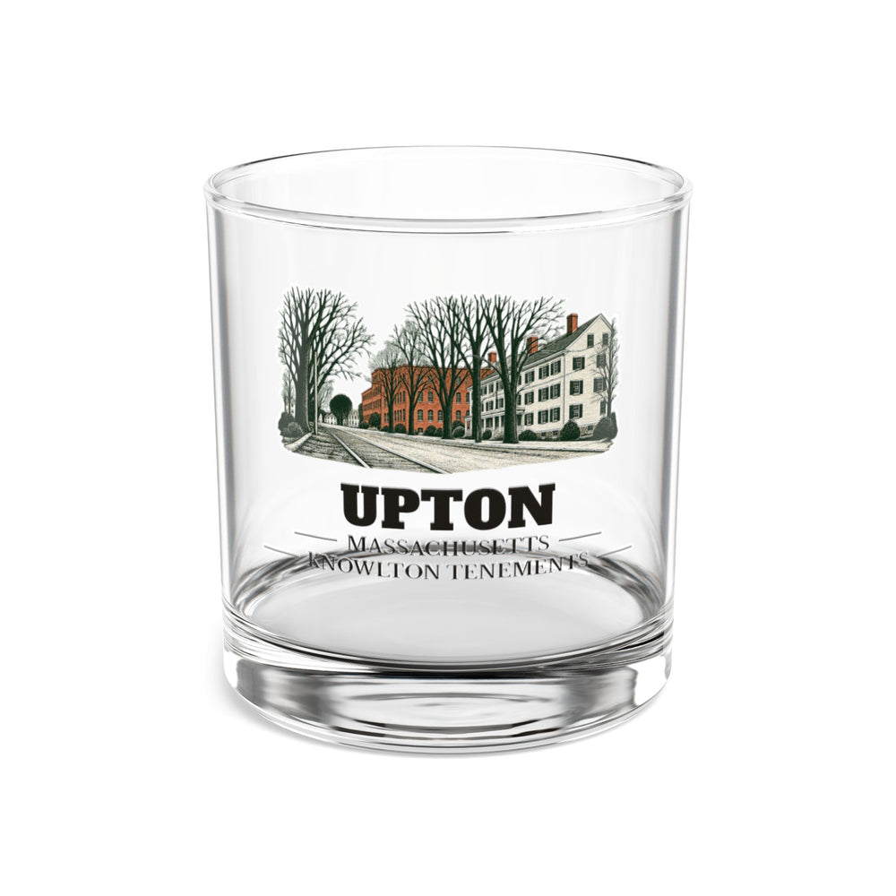 Front view of the Upton Knowlton Tenements and Upton Loop Street Railway artwork printed on a clear 10 oz rocks glass