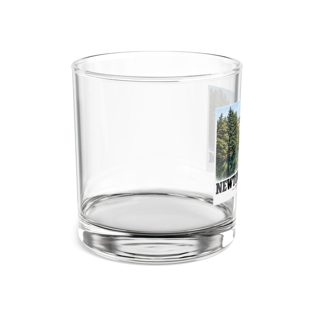 Side view of clear rocks glass with mostly unprinted surface and part of Echo Bridge landscape print at right