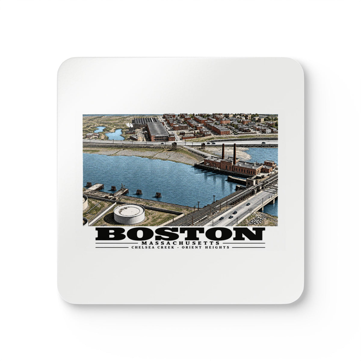 Orient Heights taken at 600 feet-Shore line, Chelsea Creek, East Boston Cork Back Coaster Set - Boston Harbor