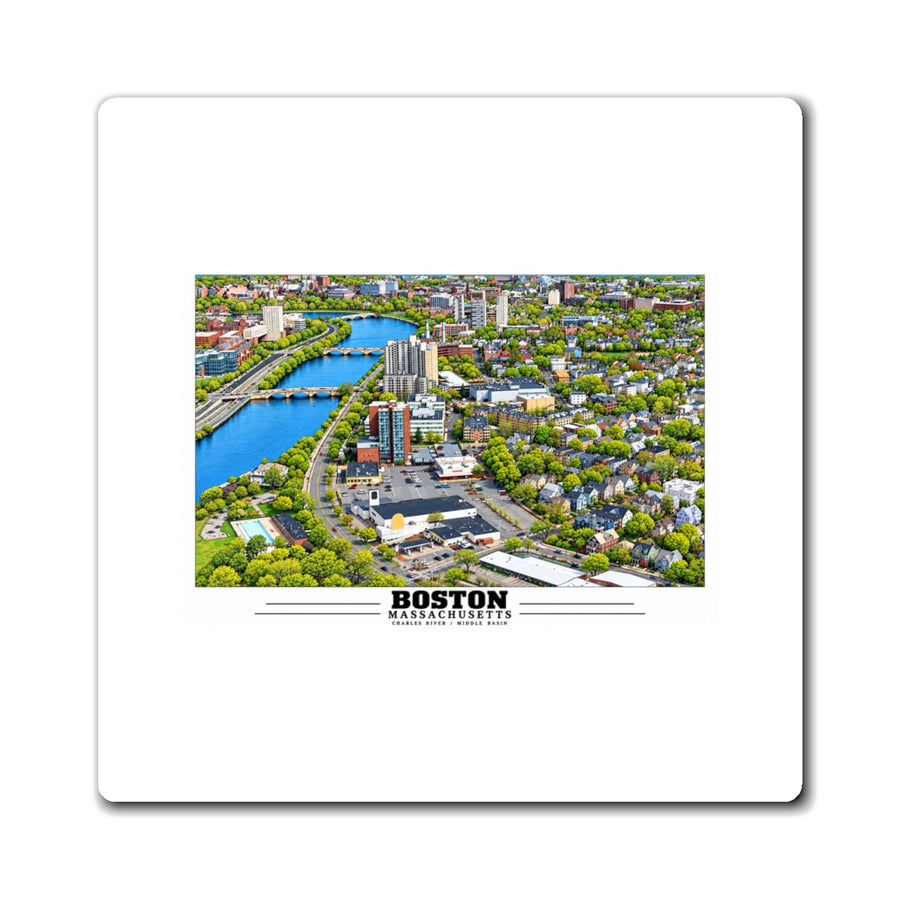 White rectangular magnet showing Charles River aerial city view with bridges, buildings and green trees artwork and Boston lettering