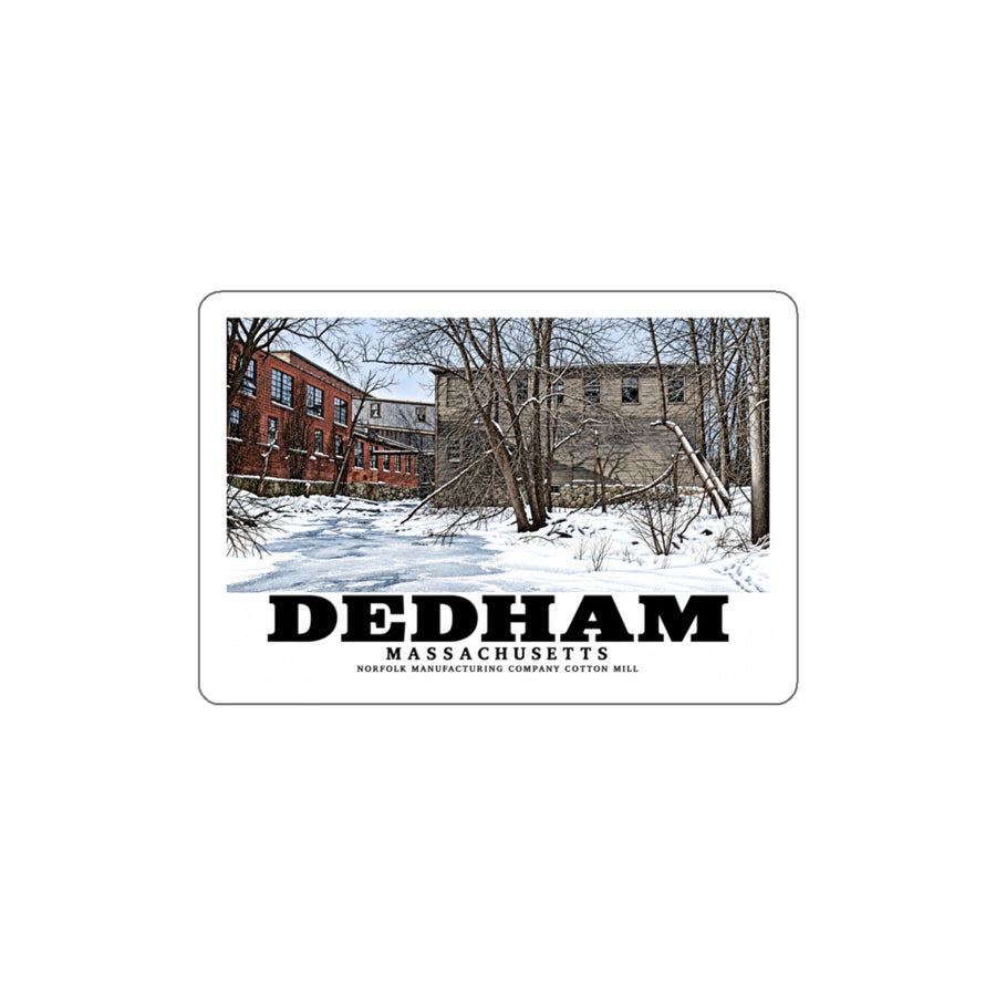 Front view of the landscape die-cut sticker with Dedham Norfolk Manufacturing Company Cotton Mill artwork.