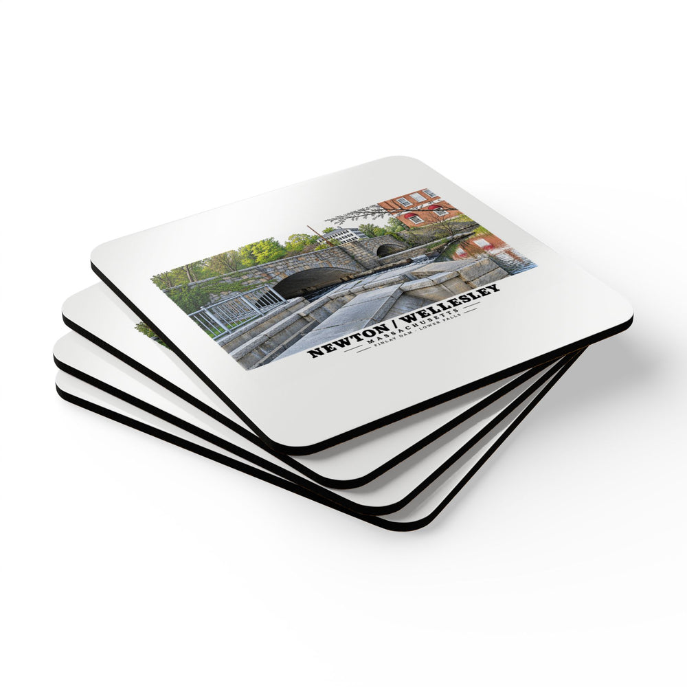 Stack of square coasters with Finlay Dam stone arches and water artwork visible on the top coaster