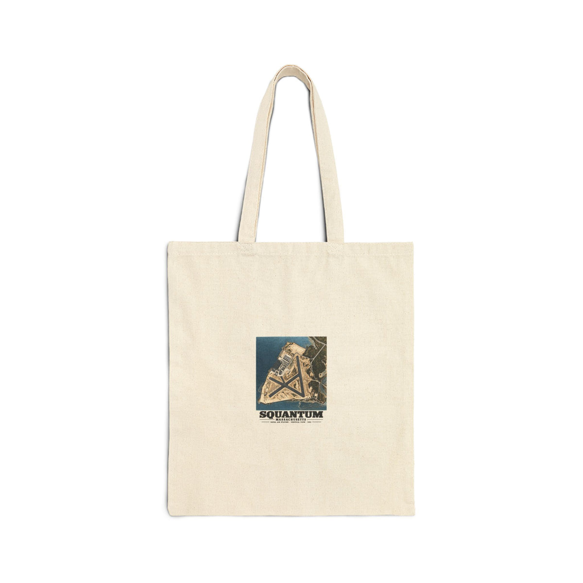 N.A.S.  Squantum, MA vertical 10000 ft. Natural Heavy Canvas Tote - Boston Harbor