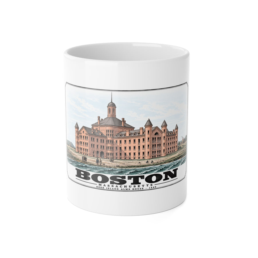 White mug showing large symmetrical alms house building, grounds and figures artwork and Boston lettering