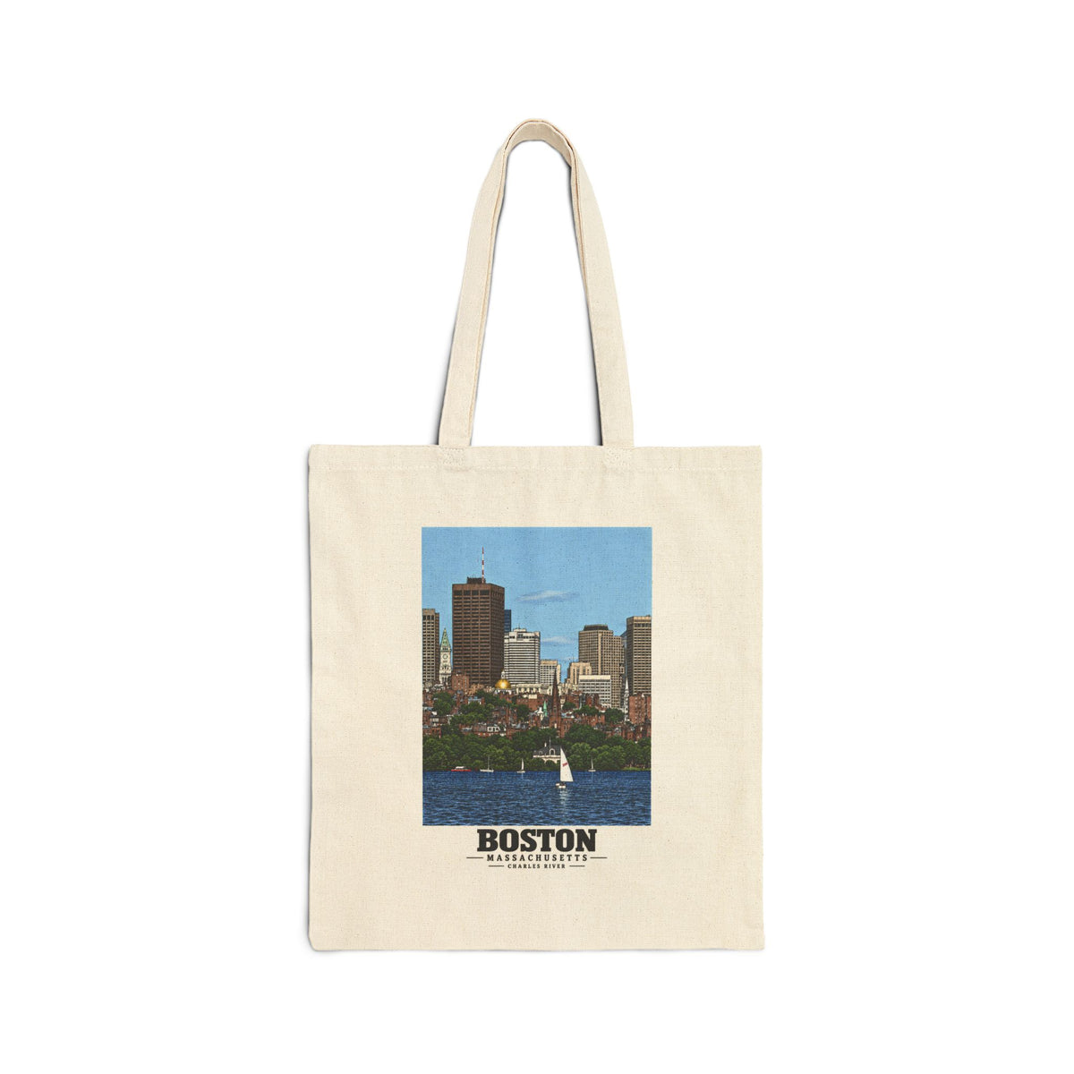 Illustrated View of Boston, Massachusetts, from the Charles River in Boston and Cambridge on cotton canvas tote — natural canvas