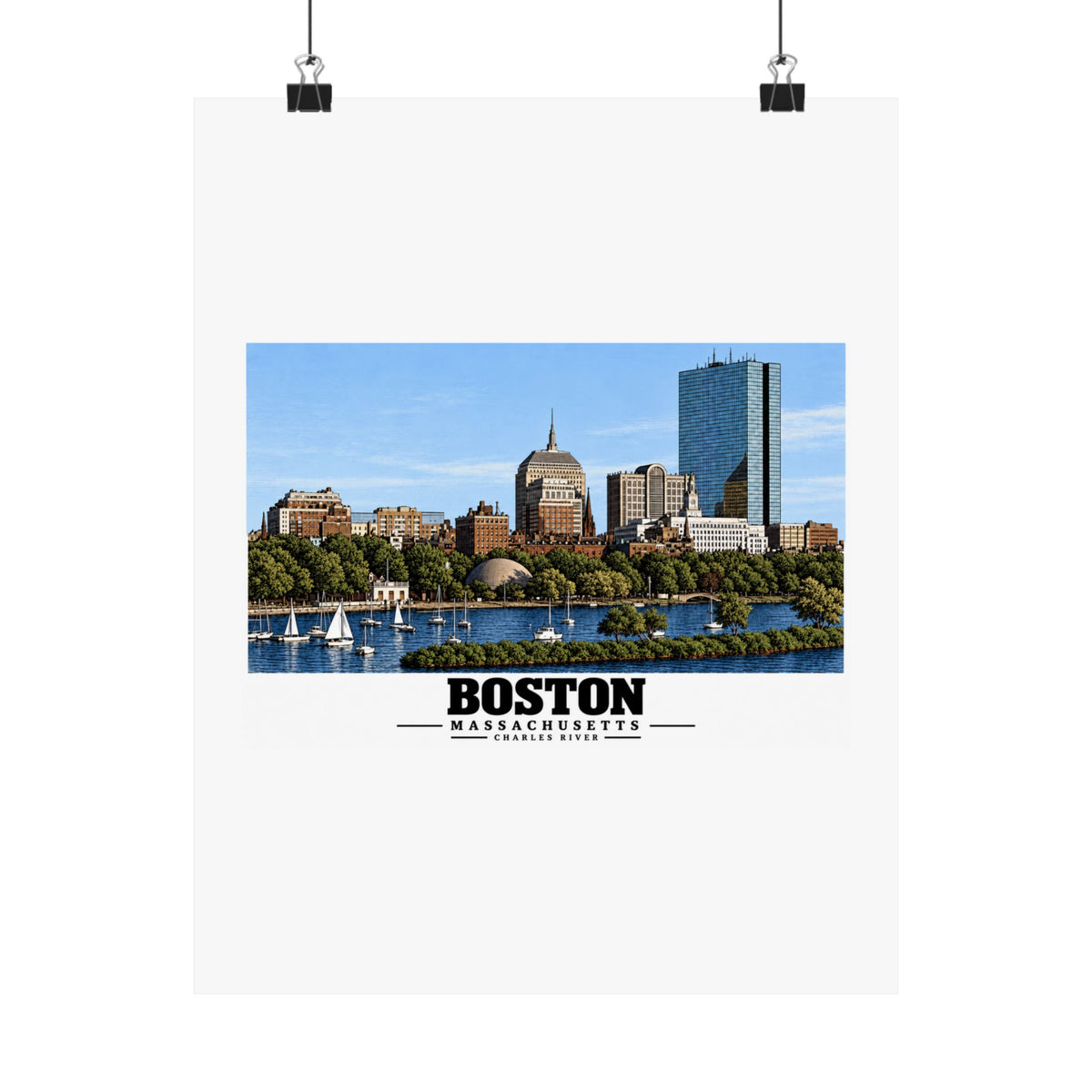 Illustrated St. Charles River view of Boston, Massachusetts in Boston and Cambridge on unframed matte poster