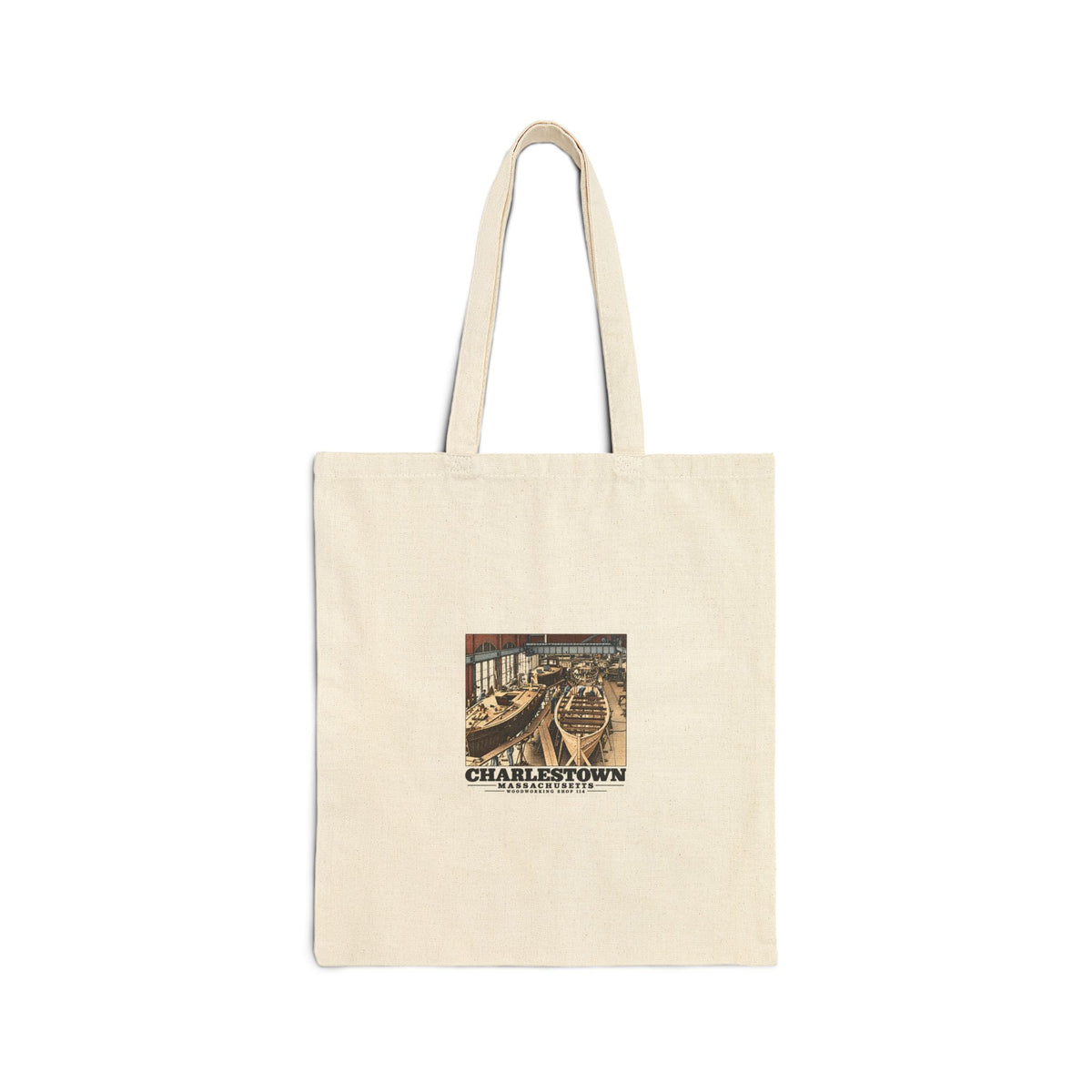 Front of natural cotton canvas tote with small-boat building and Charlestown artwork