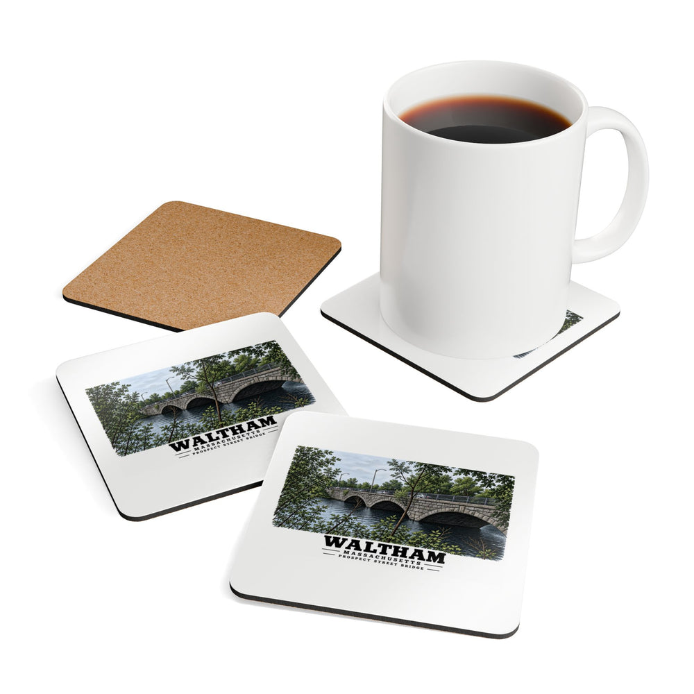 Coasters showing Prospect Street Bridge stone arches and river artwork beside a plain white mug of coffee and a coaster's cork reverse