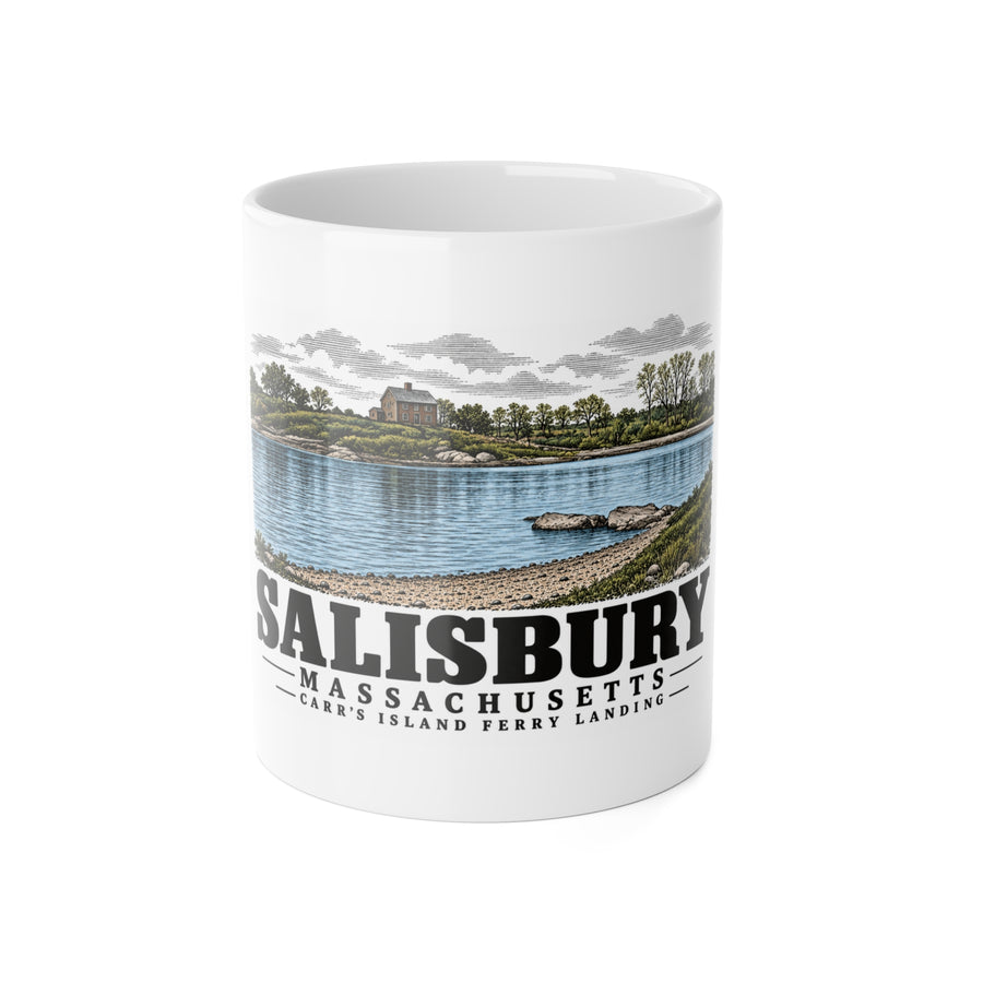 Salisbury Carr’s Island old house and ferry landing 11 oz White Ceramic Mug - Merrimack Valley Goods
