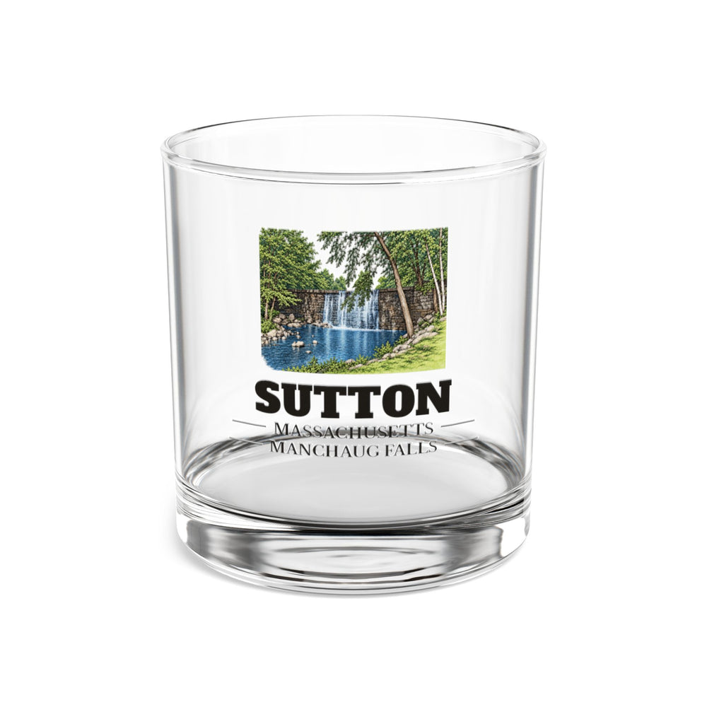 Front view of the Sutton Manchaug Falls artwork printed on a clear 10 oz rocks glass