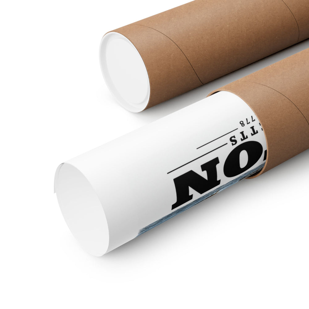 Partly rolled poster extending from a cardboard tube with partial Boston lettering and a narrow strip of the harbor scene visible