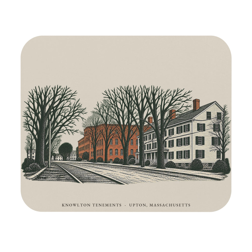 Upton Knowlton Tenements and Upton Loop Street Railway mouse pad mockup showing the full illustrated print
