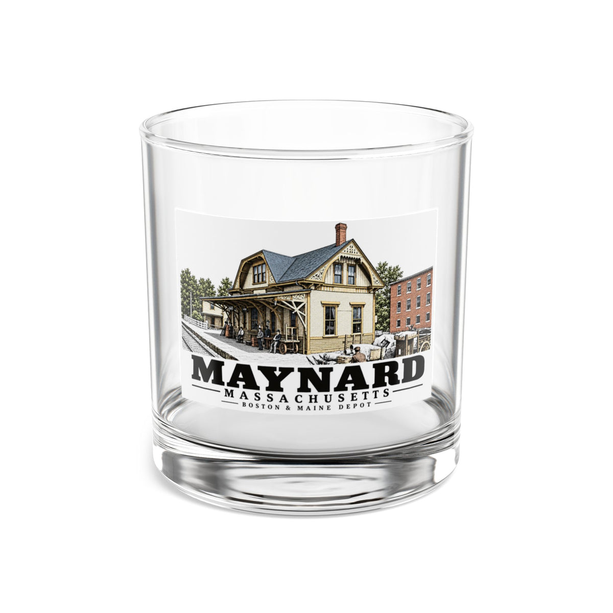 Illustrated Boston & Maine Depot in Maynard on rocks glass