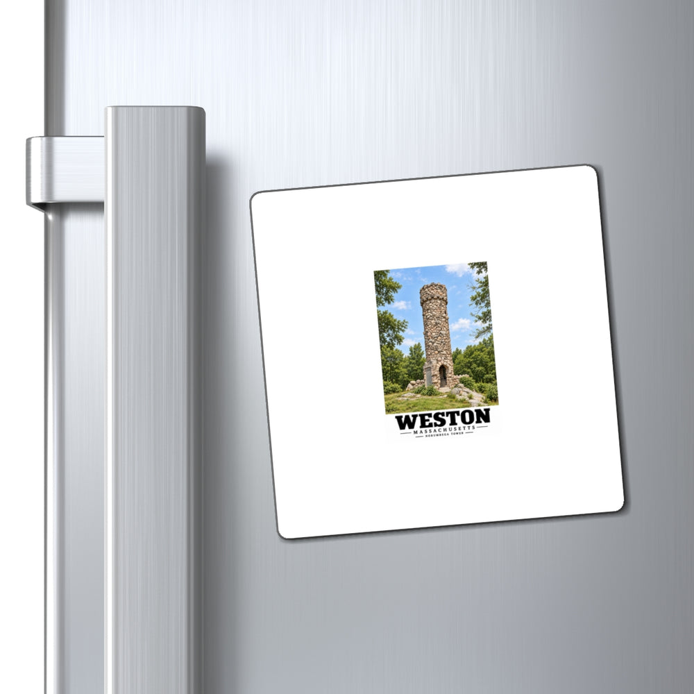 Illustrated Norumbega Tower in Weston on square magnet