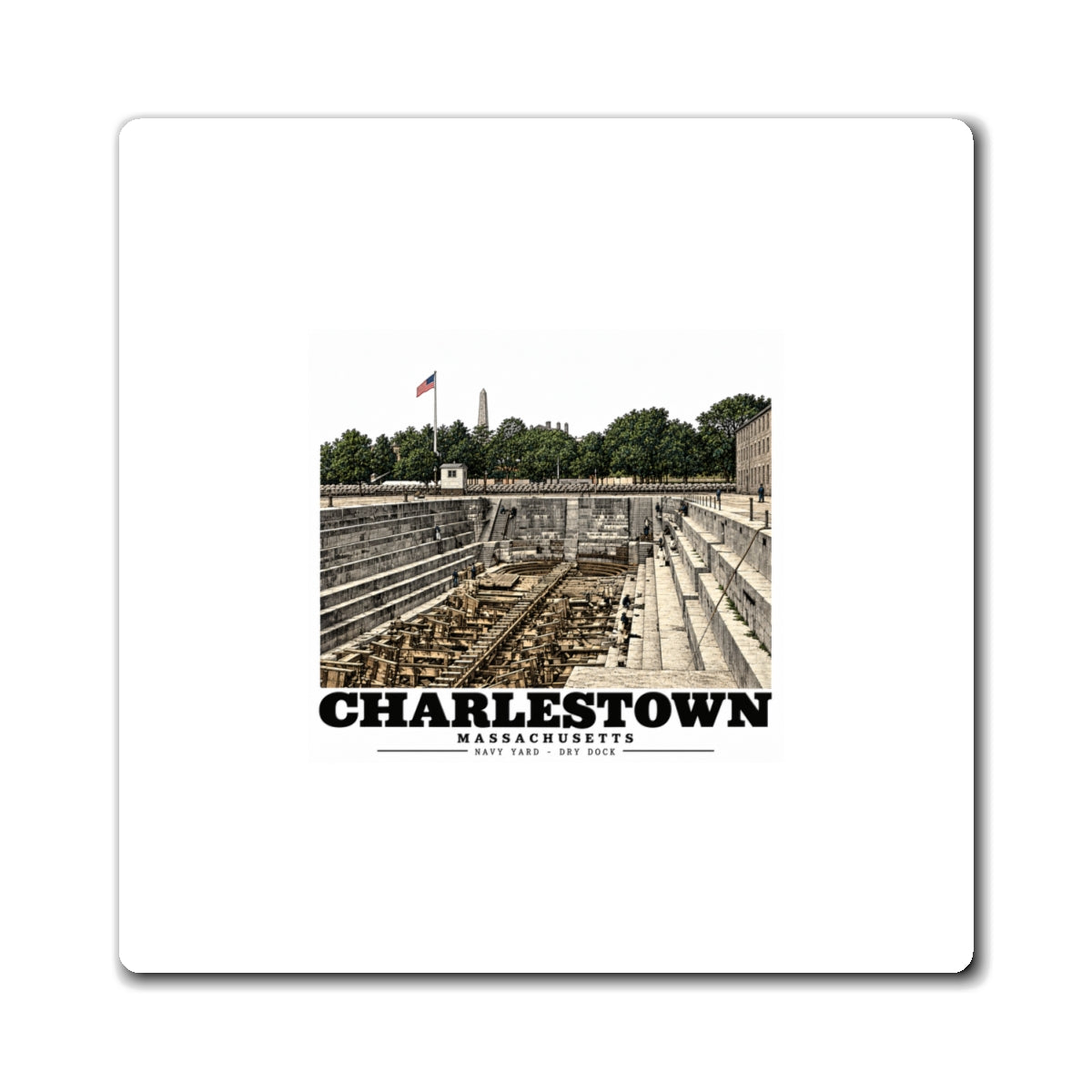 Front of white 4 inch square magnet with dry-dock artwork and Charlestown lettering
