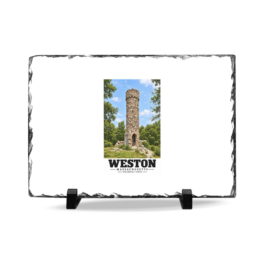 Illustrated Norumbega Tower in Weston on slate desk plaque