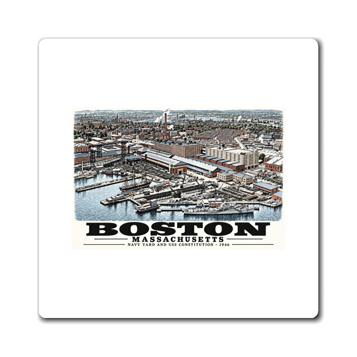 Illustrated Dry Dock 5 and Constitution Pier in Charlestown on square magnet