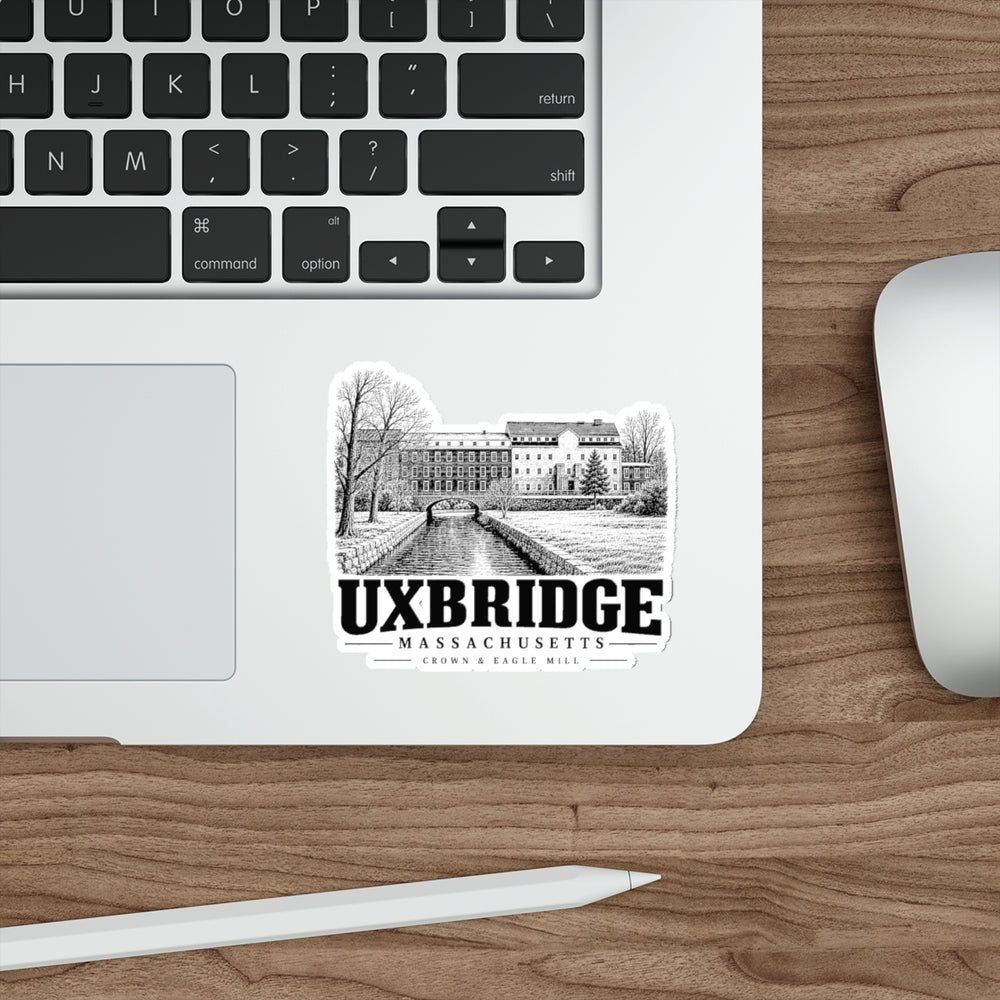 Uxbridge Crown & Eagle Mill die-cut sticker applied to a laptop