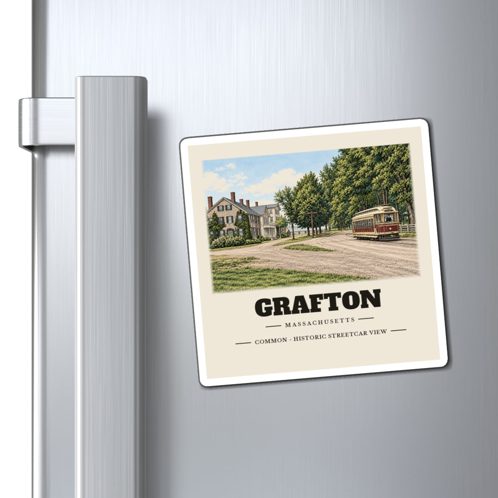 Grafton Common - Historic Streetcar View 4 inch magnet shown on a refrigerator