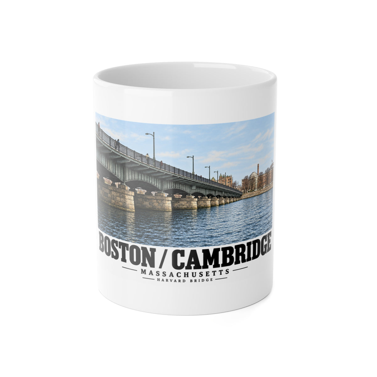 White mug front with Harvard Bridge artwork and Boston/Cambridge lettering