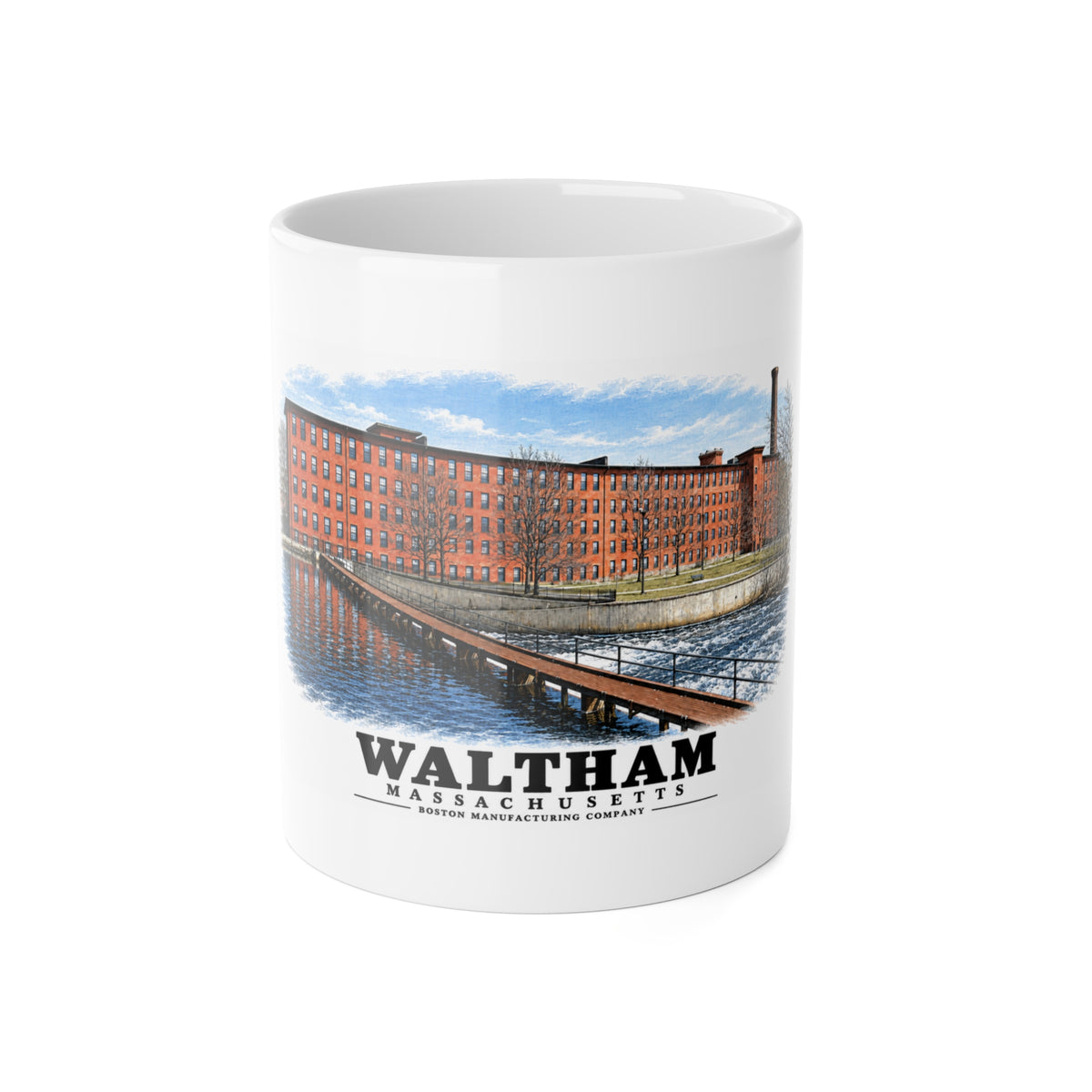 Boston Manufacturing Company, 144-190 Moody Street; Moody Street Dam, Charles River 11 oz White Ceramic Mug - Charles River