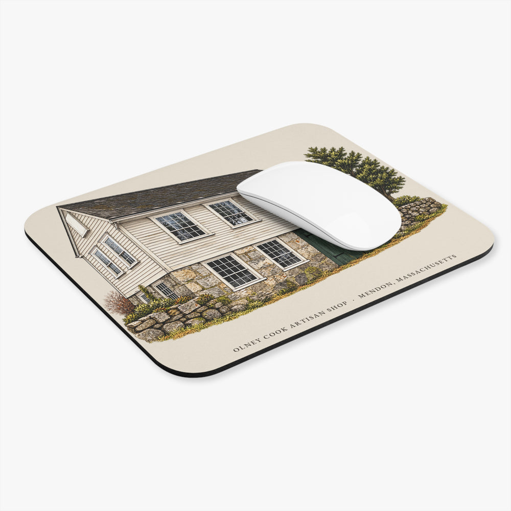 Mendon Olney Cook Artisan Shop mouse pad mockup showing the full illustrated print