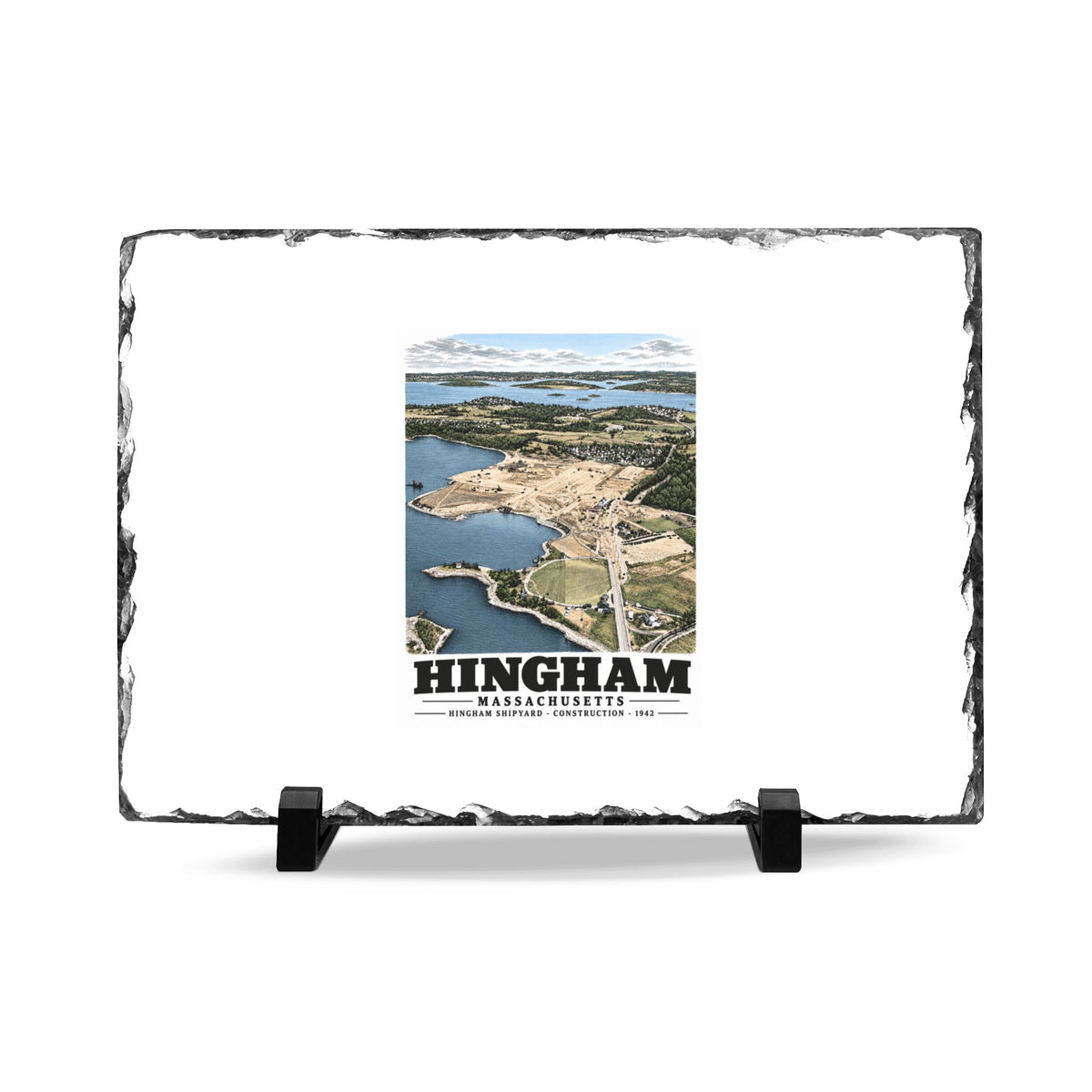 Illustrated Hingham Shipyard Construction in Hingham on slate desk plaque