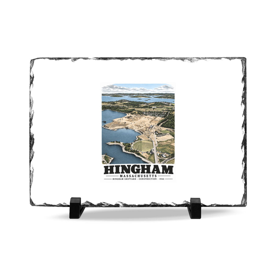 Illustrated Hingham Shipyard Construction in Hingham on slate desk plaque