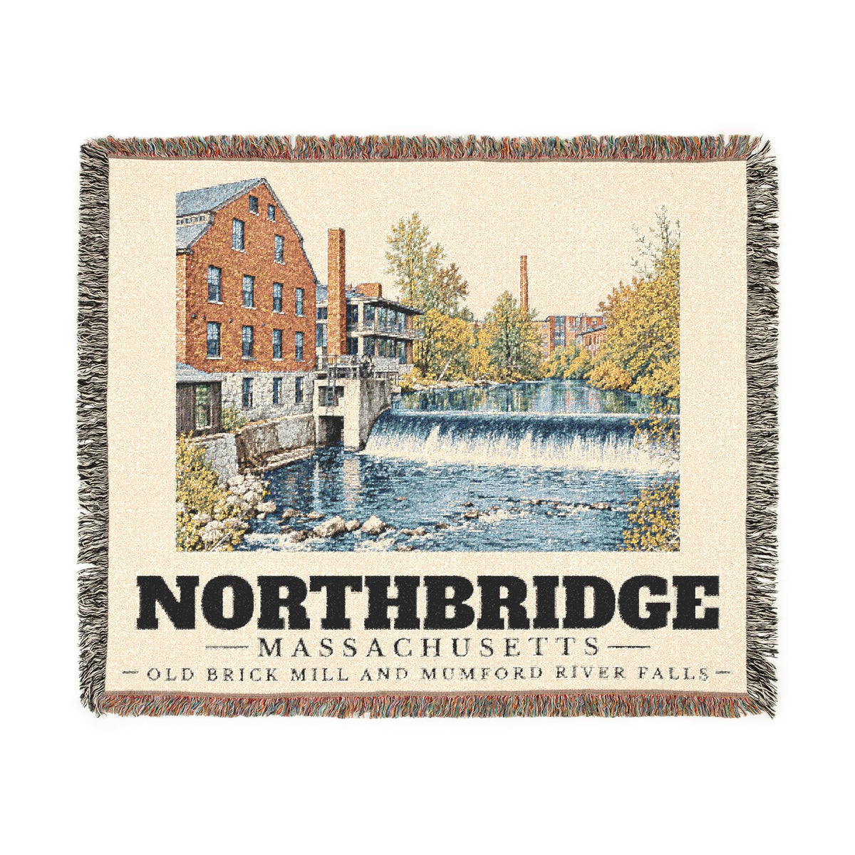Old Brick Mill and Mumford River Falls — Northbridge, Massachusetts Woven Blanket