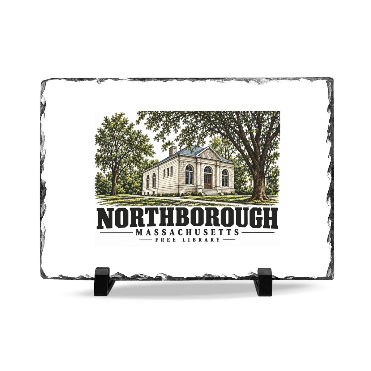 Illustrated Free Library in Northborough on slate desk plaque