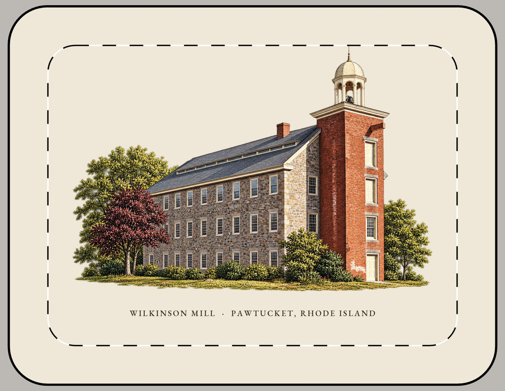 Pawtucket Wilkinson Mill Stone Machine Shop 15-inch laptop sleeve mockup showing the full illustrated print
