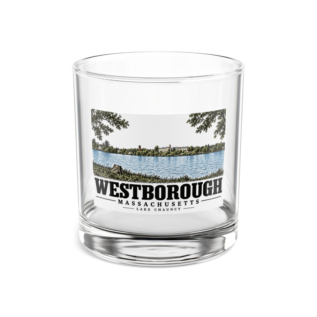 Illustrated Lake Chauncy in Westborough on rocks glass