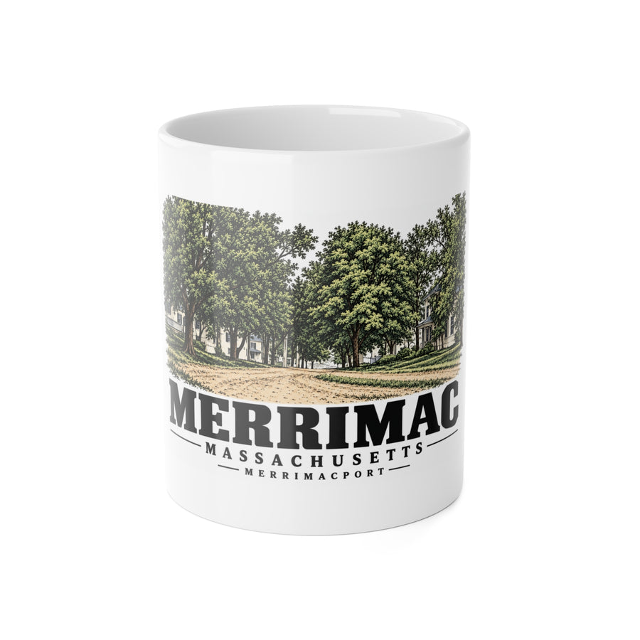 Merrimac Merrimac Street looking east, Merrimacport 11 oz White Ceramic Mug - Merrimack Valley Goods