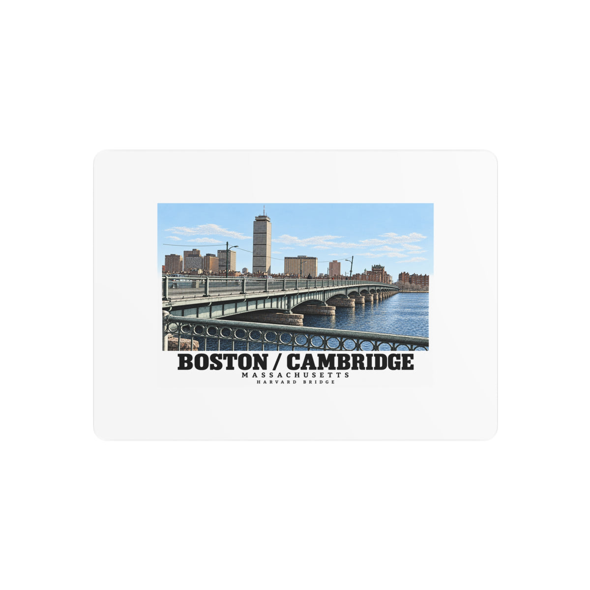 Metal sign front with Harvard Bridge artwork and Boston/Cambridge lettering