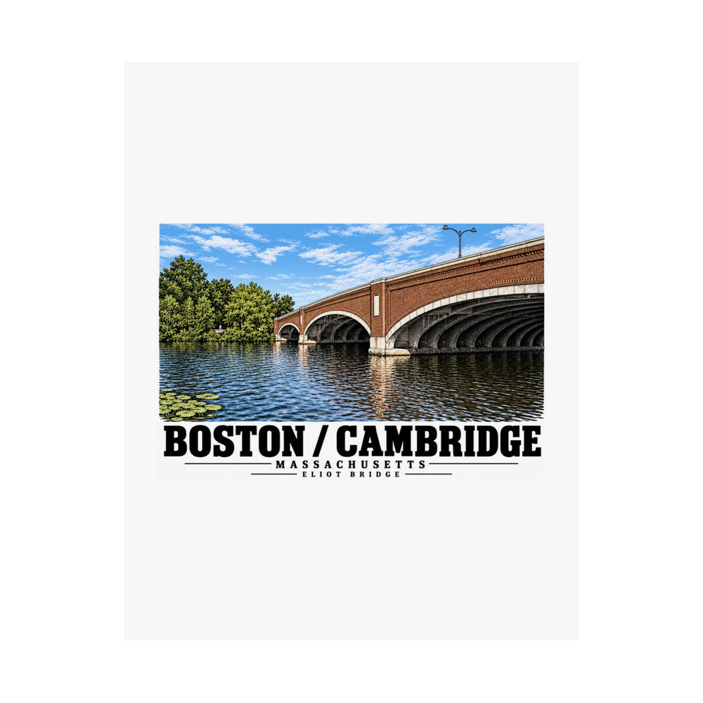 Flat Eliot Bridge close red brick arch view poster with Boston/Cambridge lettering